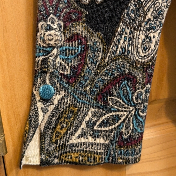 Chico's Sweater Pullover 2 LG Paisley Floral LS Top Green Brown Boho Artsy Comfy - Picture 7 of 12